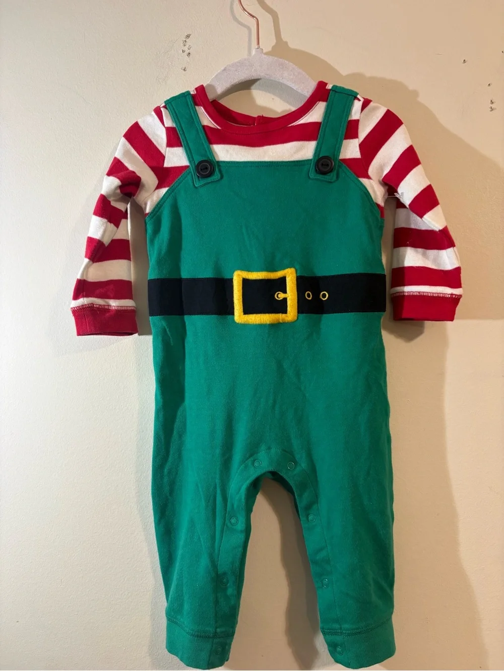 Gymboree holiday elf baby romper 6/12 month green red white stripe Christmas